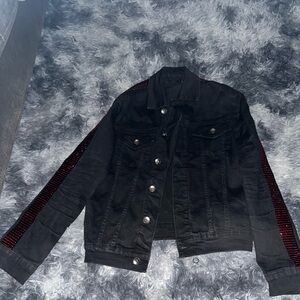 Black Denim Jacket with Red Accents